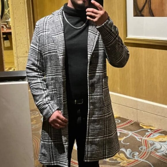 Mens Winter Trench Coat Notched Collar Single Breasted Plaid Mid Long Dark Grey - Picture 4 of 10